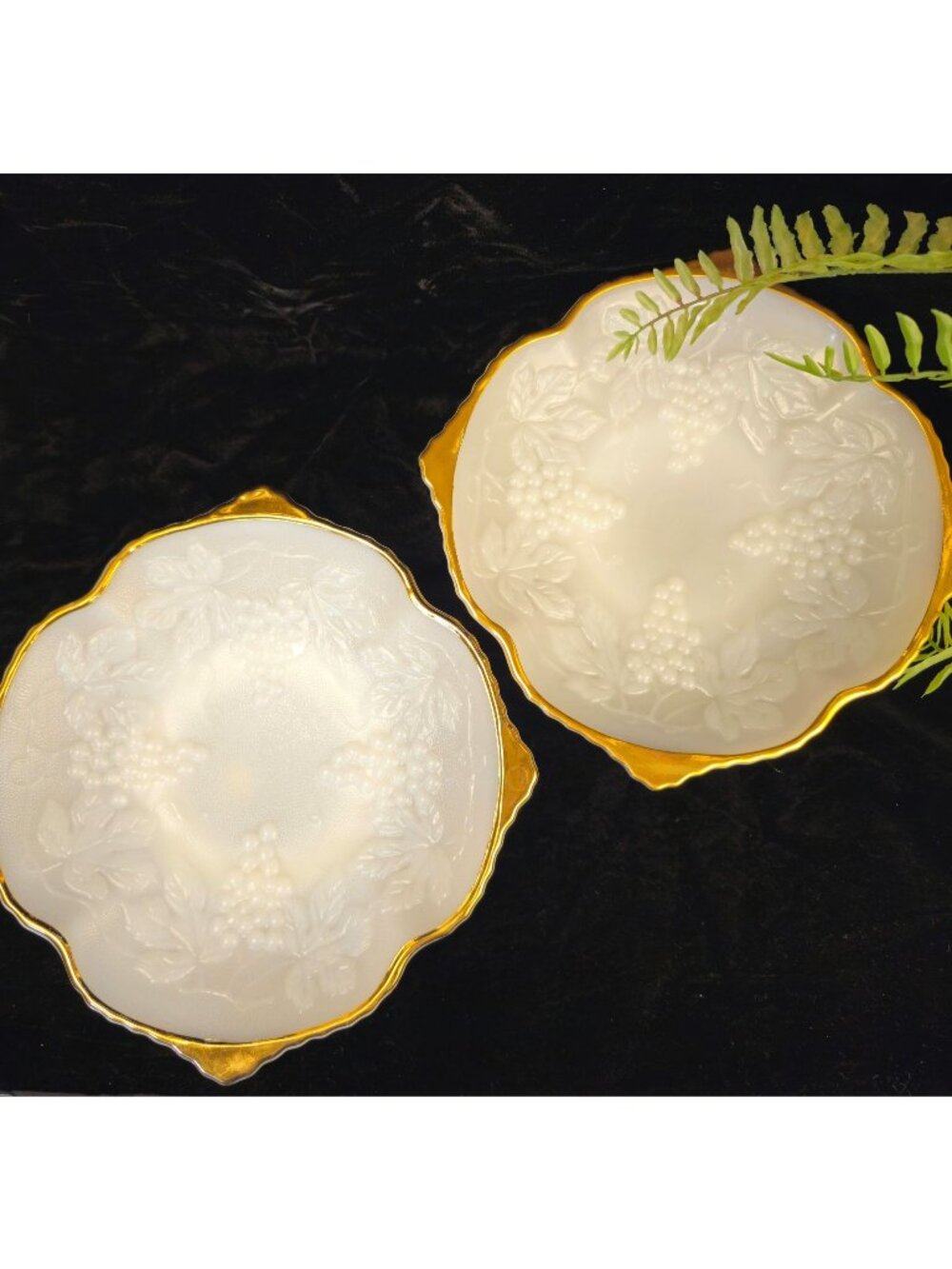 Vintage Milk Glass Bowls With Grape Vine Design & Gold Trim Set Of 2, 8 Inches W